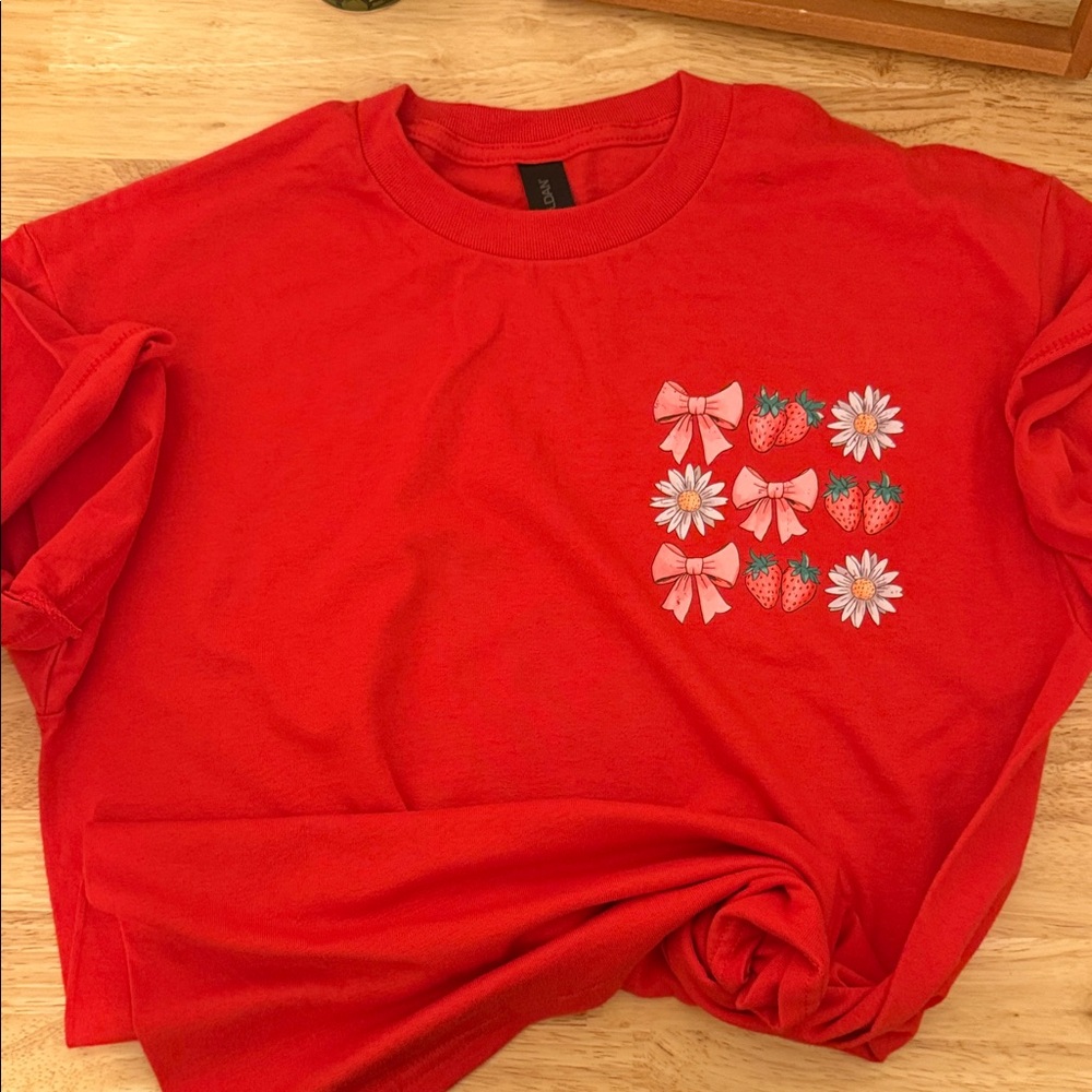 Gildan Red Tee with Strawberry and Bow Design